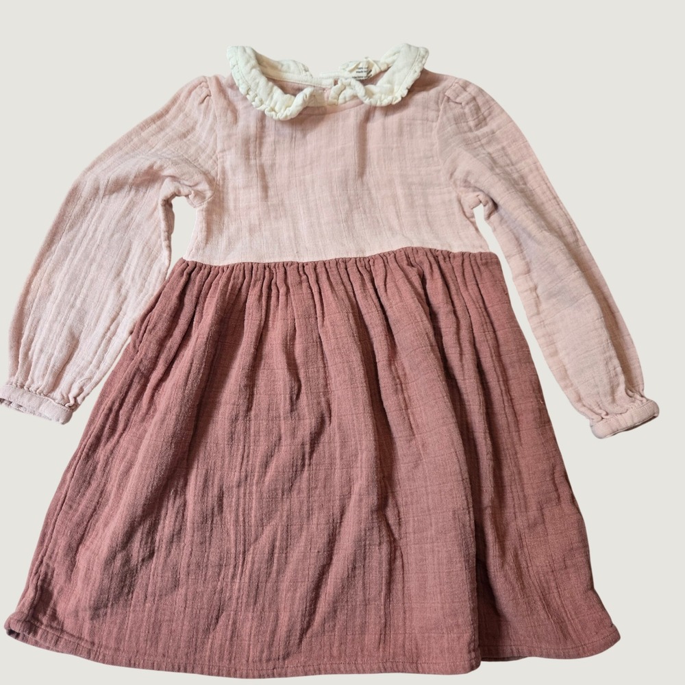 City Mouse Kids Pink Colorblock Cotton Gauze Long Sleeve Dress 6Y Boho Cottage